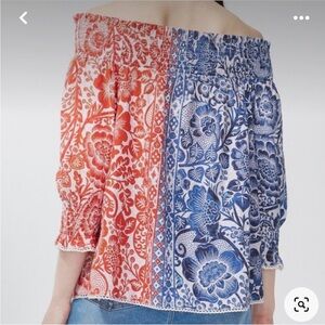 Chico's Red and Blue Floral Off-Shoulder Blouse